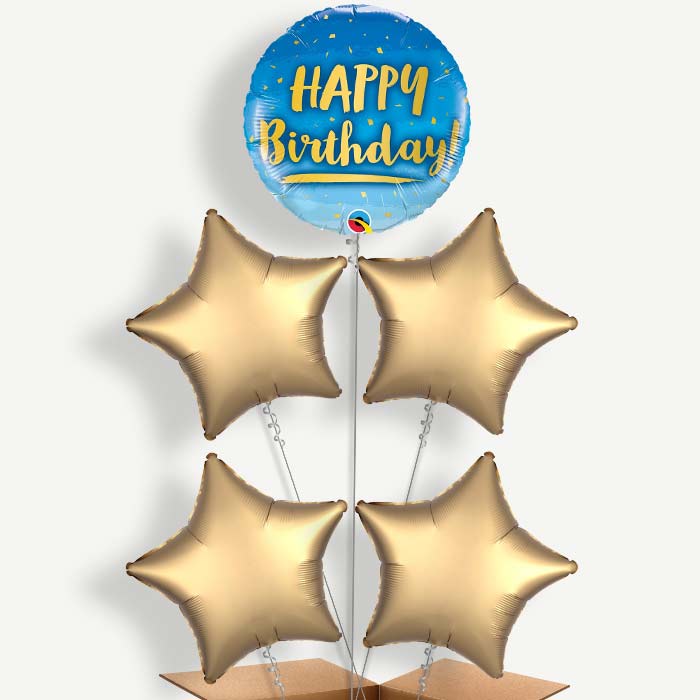 Blue & Gold Happy Birthday Helium Cluster Balloons | Party Save Smile