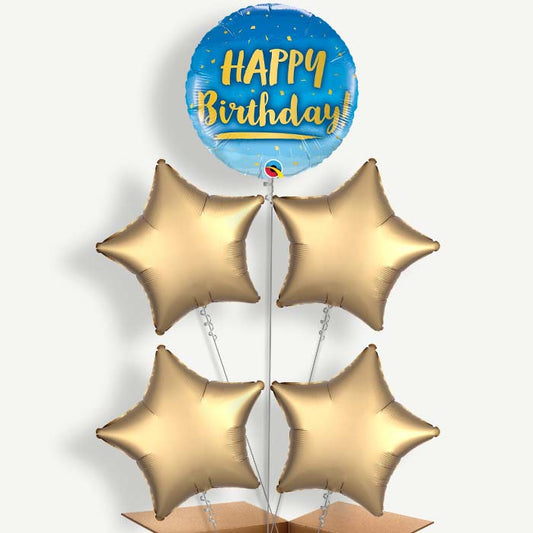 Blue & Gold Happy Birthday Helium Cluster Balloons | Party Save Smile