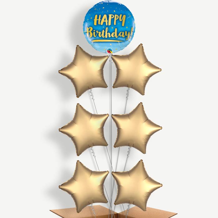 Blue & Gold Happy Birthday Helium Balloon Arrangement | Party Save Smile