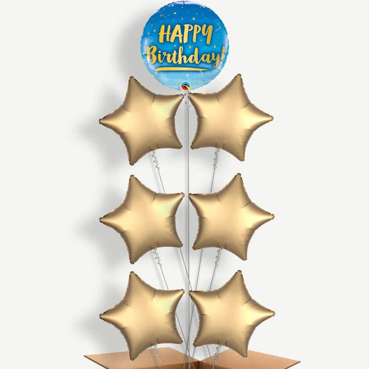 Blue & Gold Happy Birthday Helium Balloon Arrangement | Party Save Smile