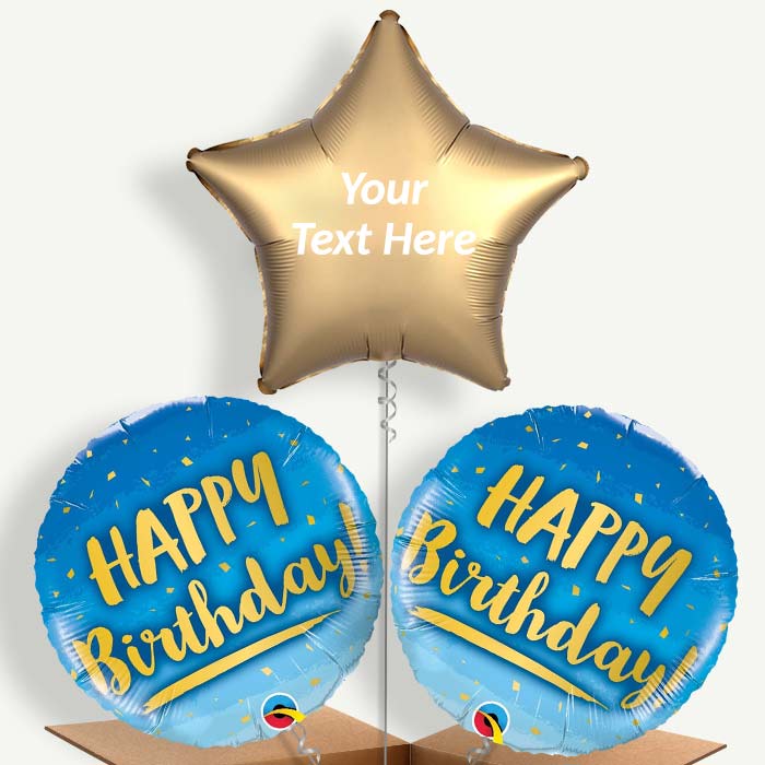 Personalisable Blue & Gold Happy Birthday Helium Balloons | Party Save Smile