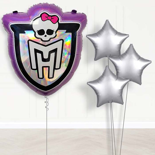Monster High Badge Balloon Bouquet Delivery | Giant Balloon + 3 Plain Balloons | Party Save Smile