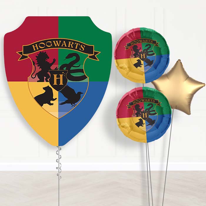 Harry Potter Crest Balloon Bouquet Delivery | Giant Balloon + 2 Themed Balloons + 1 Plain Balloon | Party Save Smile
