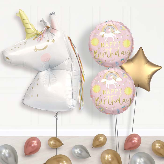 Dainty Unicorn Shaped Balloon Bouquet Delivery-Giant Balloon + 2 Themed Balloons + 1 Plain Balloon + Mini Balloons 