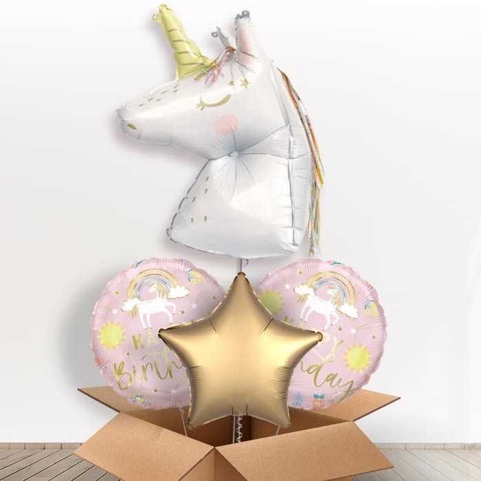 Dainty Unicorn Shaped Helium Balloon in a Box-1 x Giant Balloon and 2 Themed Balloons and 1 Plain Balloon 