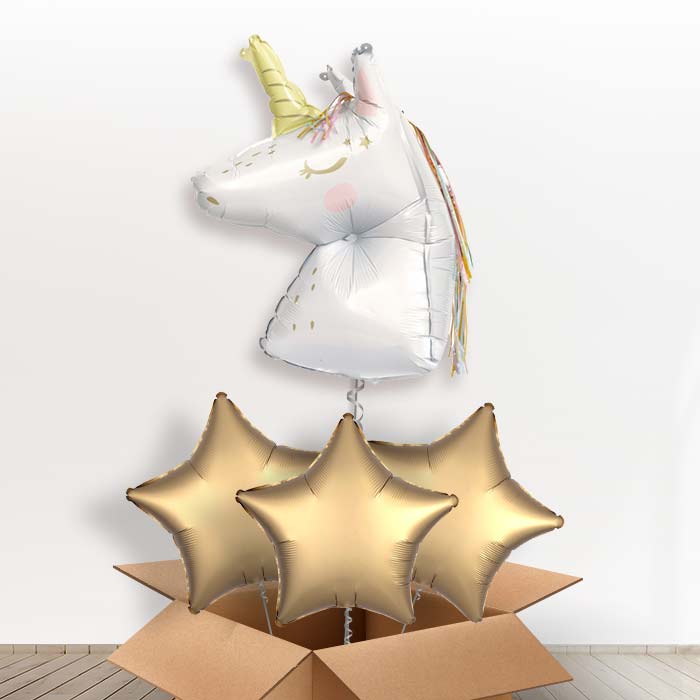 Dainty Unicorn Shaped Helium Balloon in a Box - with 3 Plain Balloons | Party Save Smile