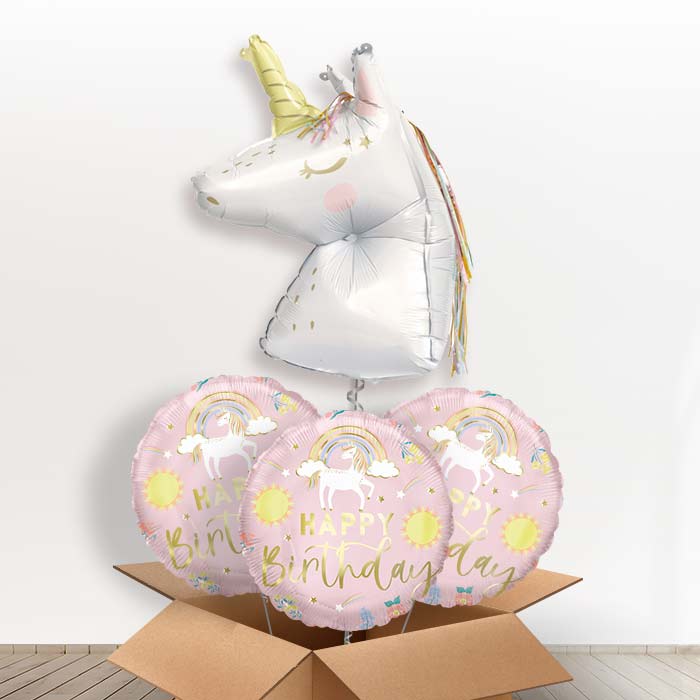 Dainty Unicorn Shaped Helium Balloon in a Box - with 3 Themed Balloons | Party Save Smile