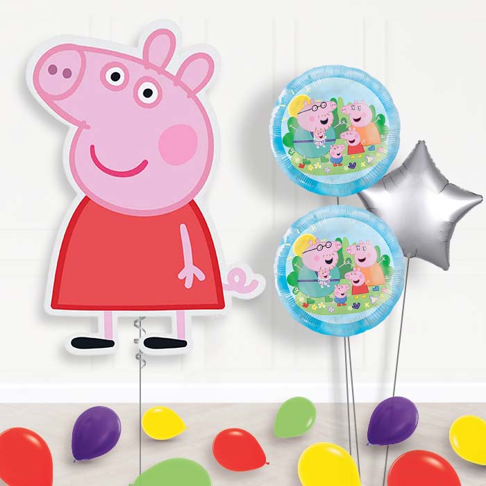 Peppa Pig Balloon Bouquet Delivery | Giant Balloon + 2 Themed Balloons + 1 Plain Balloon + Mini Balloons | Party Save Smile