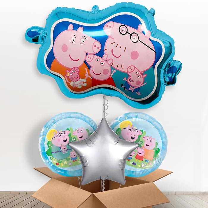 Peppa Family Giant Helium Balloon in a Box | Giant Balloon + 2 Themed Balloons + 1 Plain Balloon | Party Save Smile