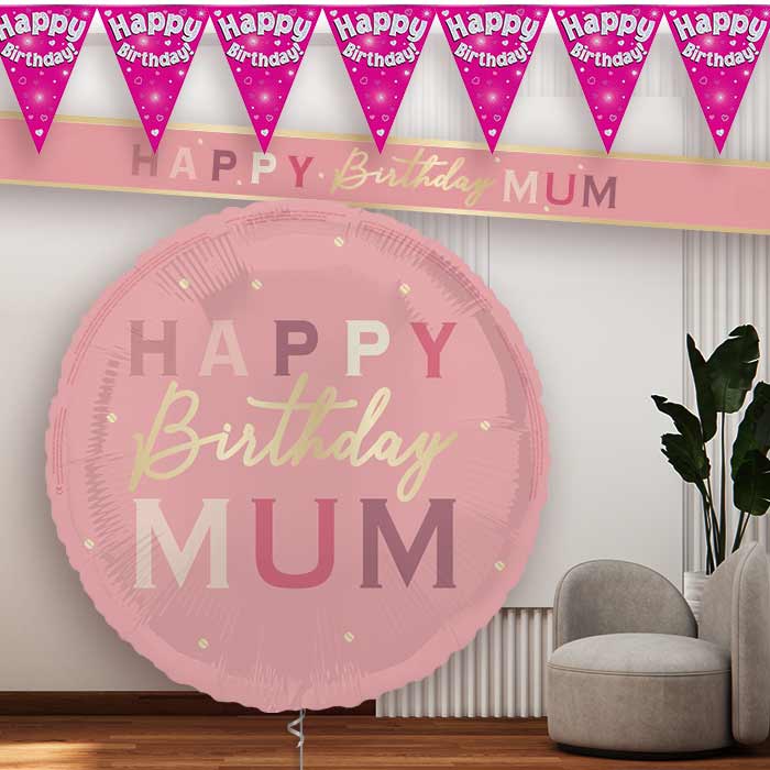 Pink and Gold Mum Birthday Balloon and Banners