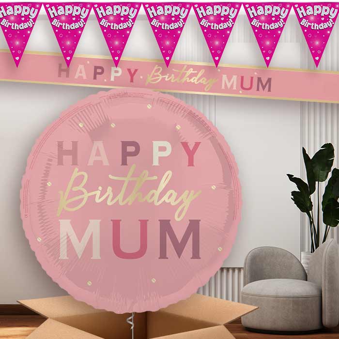 Pink and Gold Mum Birthday Balloon and Banners | Party Save Smile