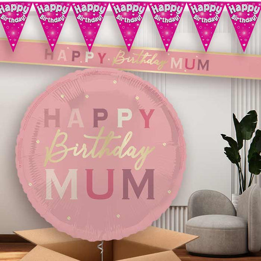 Pink and Gold Mum Birthday Balloon and Banners | Party Save Smile