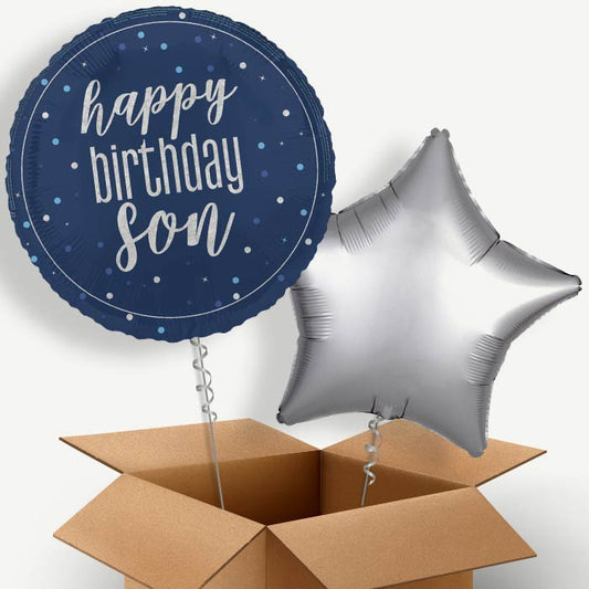 Navy Blue Happy Birthday Son Helium Balloon Pair | Party Save Smile