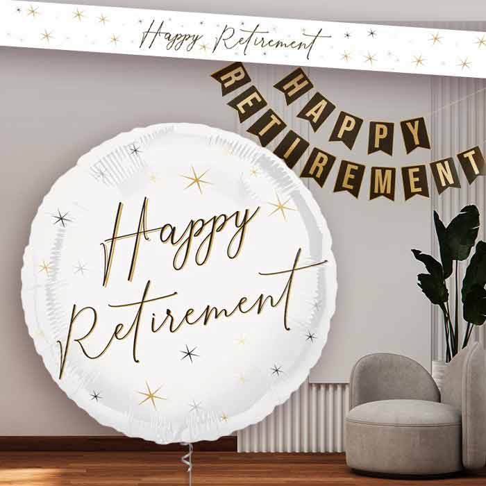 White and Black Happy Retirement Balloon and Banners