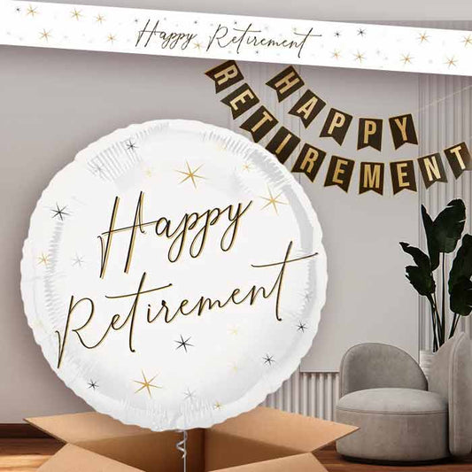 White and Black Happy Retirement Balloon and Banners | Party Save Smile
