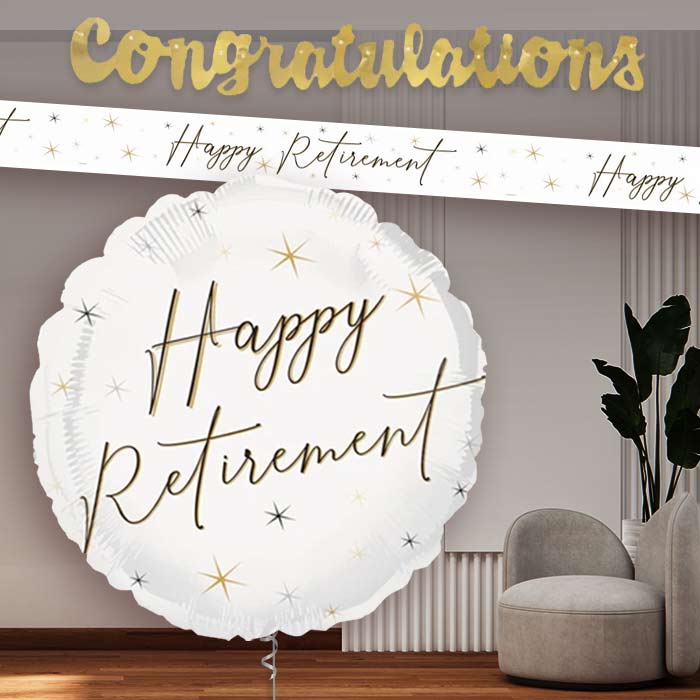 White and Black Happy Retirement Banners and Balloon