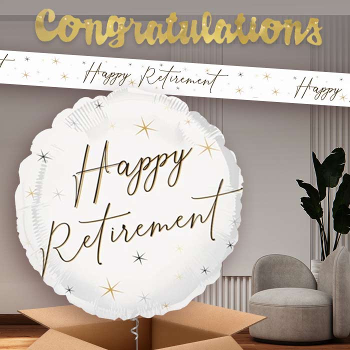 White and Black Happy Retirement Banners and Balloon | Party Save Smile