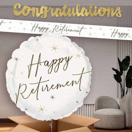 White and Black Happy Retirement Banners and Balloon | Party Save Smile