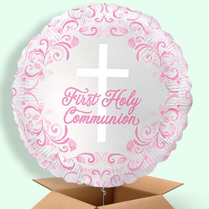 Pink Holy Cross First Communion Helium Balloons Delivered - 1 Balloon | Party Save Smile