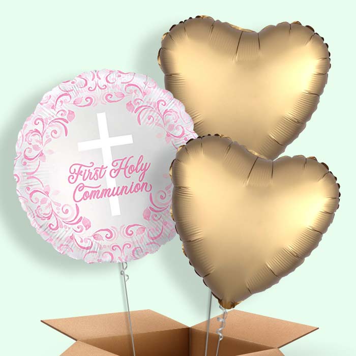 Pink Holy Cross First Communion Helium Balloons Delivered - 3 Balloons | Party Save Smile