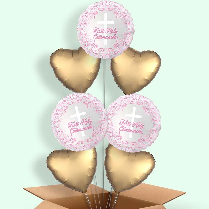Pink Holy Cross First Communion Helium Balloons Delivered - 7 Balloons | Party Save Smile