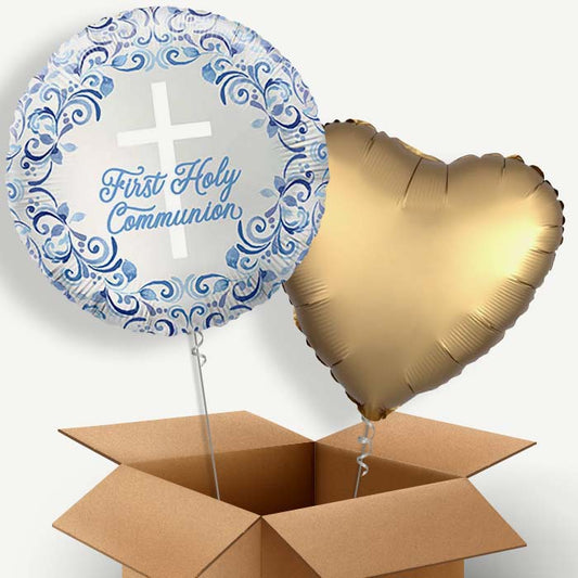 Blue Holy Cross First Communion Helium Balloon Two | Party Save Smile