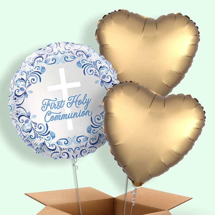 Blue Holy Cross First Communion Helium Balloons Delivered - 3 Balloons | Party Save Smile