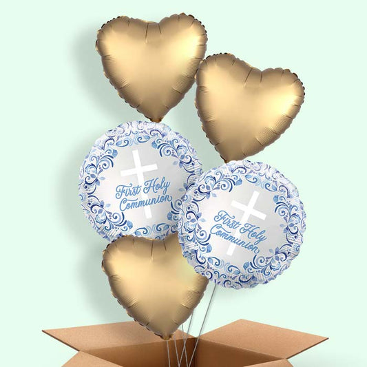 Blue Holy Cross First Communion Helium Balloons Delivered - 5 Balloons | Party Save Smile