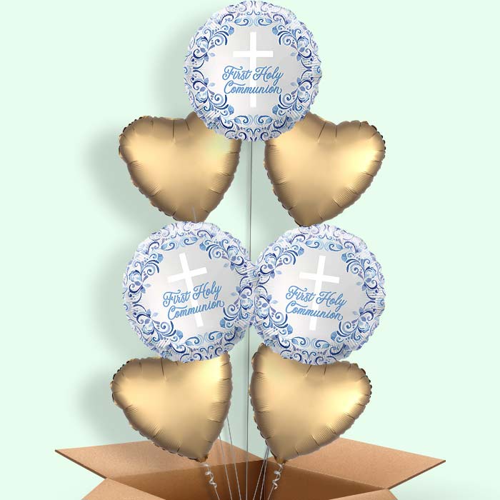 Blue Holy Cross First Communion Helium Balloons Delivered - 7 Balloons | Party Save Smile