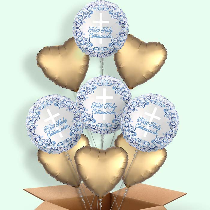 Blue Holy Cross First Communion Helium Balloons Delivered - 9 Balloons | Party Save Smile