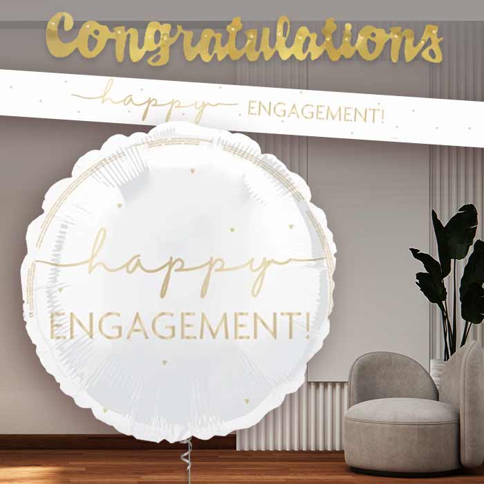 White and Gold Happy Engagement Banners and Balloon