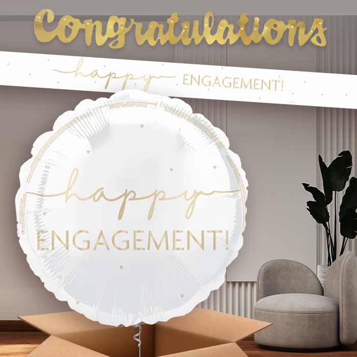 White and Gold Happy Engagement Banners and Balloon | Party Save Smile