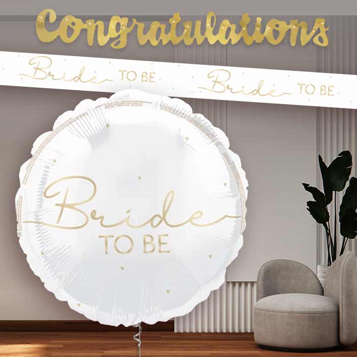 White and Gold Bride to Be Balloon and Banners