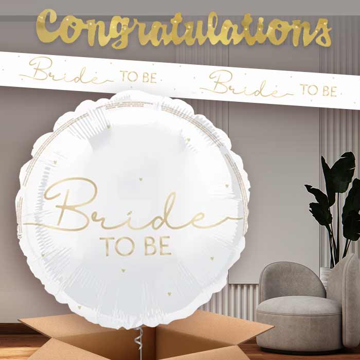 White and Gold Bride to Be Balloon and Banners | Party Save Smile