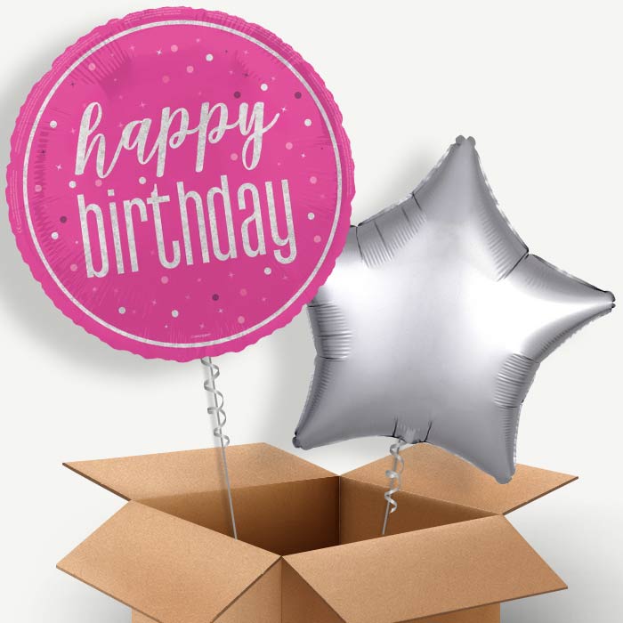 Hot Pink and Silver Happy Birthday Helium Balloon Pair | Party Save Smile