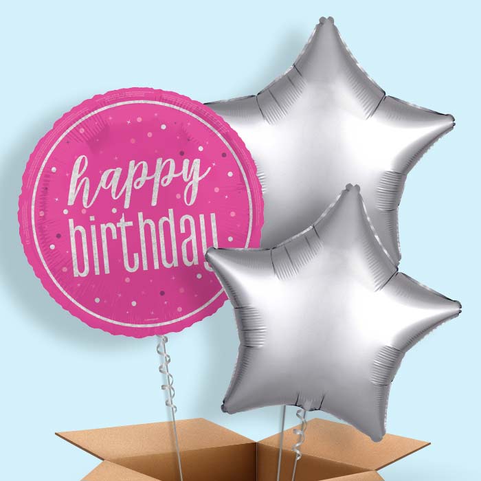 Hot Pink and Silver Happy Birthday Helium Balloon in a Box - 3 Balloon | Party Save Smile