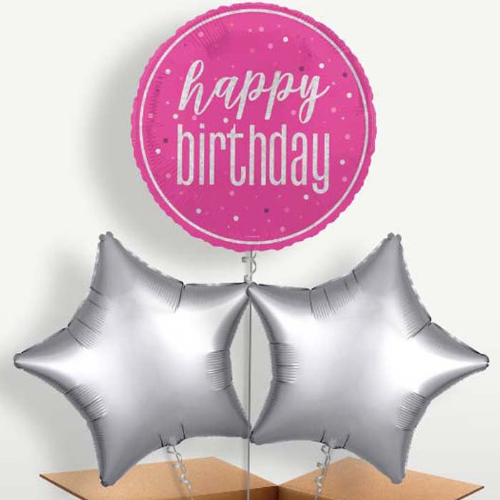 Hot Pink & Silver Happy Birthday Balloons in a Bunch | Party Save Smile
