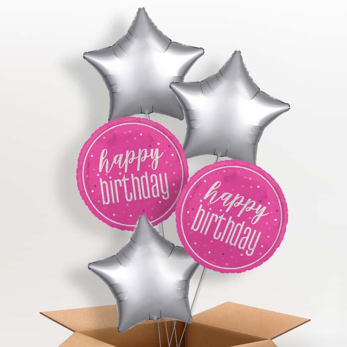 Hot Pink and Silver Happy Birthday Helium Balloon in a Box - 5 Balloon | Party Save Smile