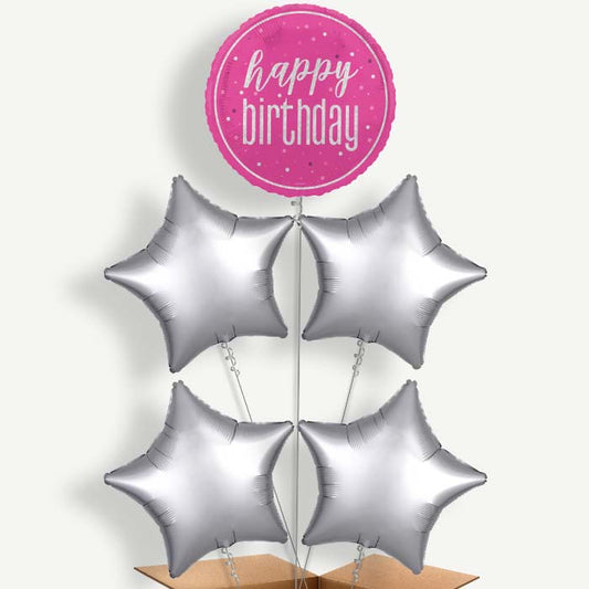 Hot Pink & Silver Happy Birthday Helium Cluster Balloons | Party Save Smile