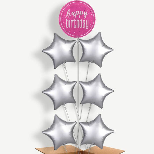 Hot Pink & Silver Happy Birthday Helium Balloon Arrangement | Party Save Smile
