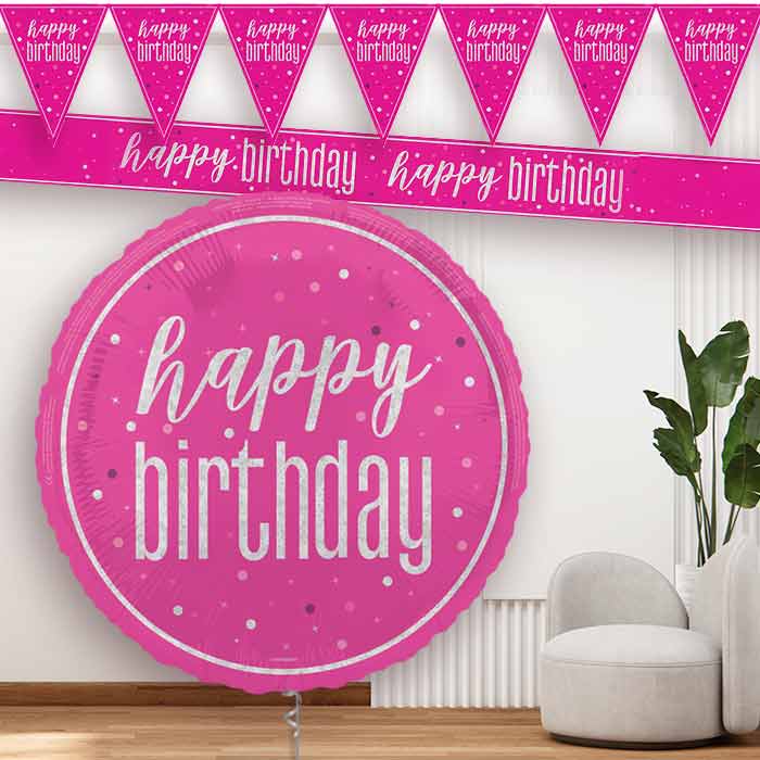Hot Pink and Silver Happy Birthday Banner Balloon - Party Save Smile
