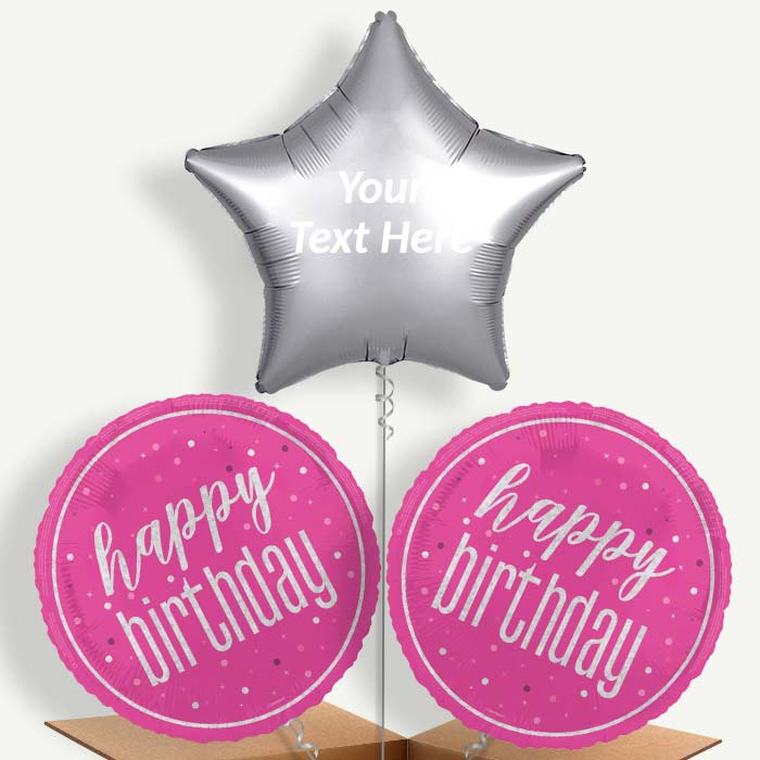 Personalisable Hot Pink & Silver Happy Birthday Helium Balloons | Party Save Smile