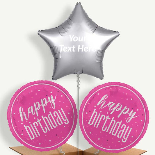 Personalisable Hot Pink & Silver Happy Birthday Helium Balloons | Party Save Smile
