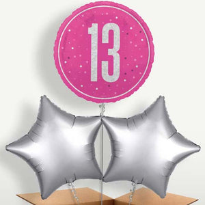 Hot Pink & Silver 13th Birthday Balloons in a Bunch (Trio)