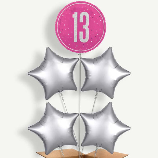 Hot Pink & Silver 13th Birthday Helium Cluster Balloons | Party Save Smile