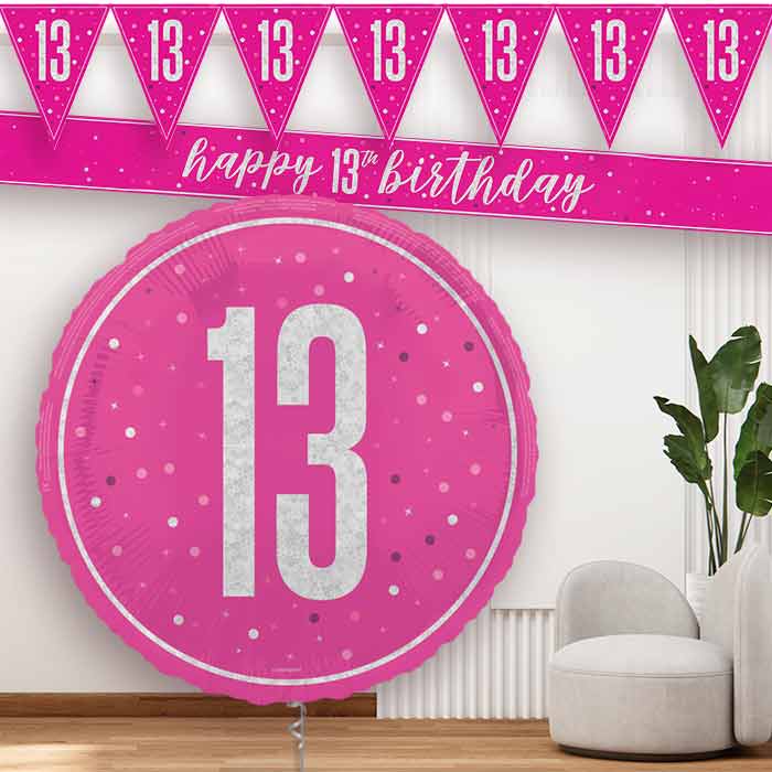 Hot Pink and Silver 13th Birthday Banners and Balloon