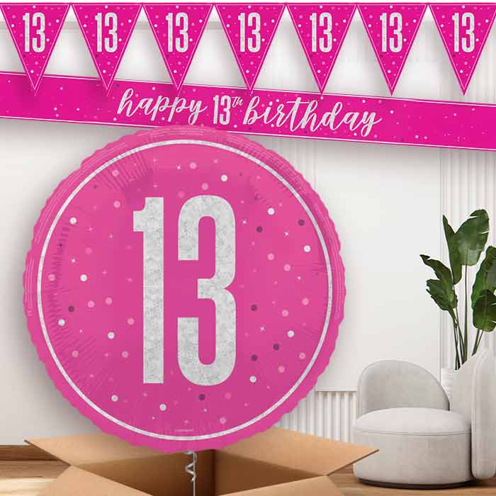 Hot Pink and Silver 13th Birthday Banners and Balloon | Party Save Smile