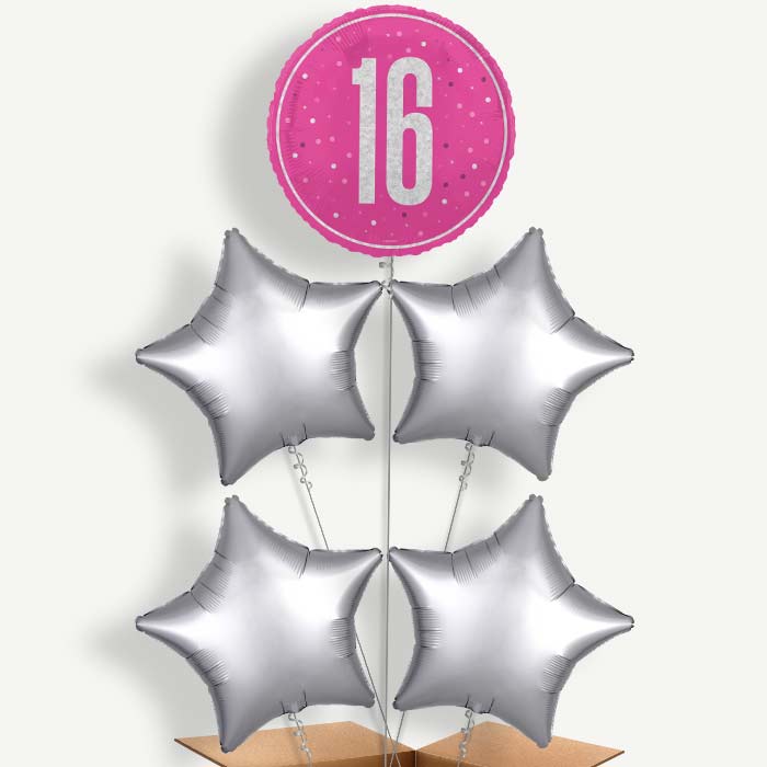 Hot Pink & Silver 16th Birthday Helium Cluster Balloons | Party Save Smile