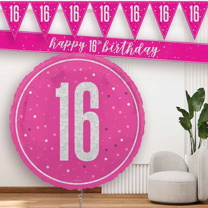 Hot Pink and Silver 16th Birthday Banners and Balloon