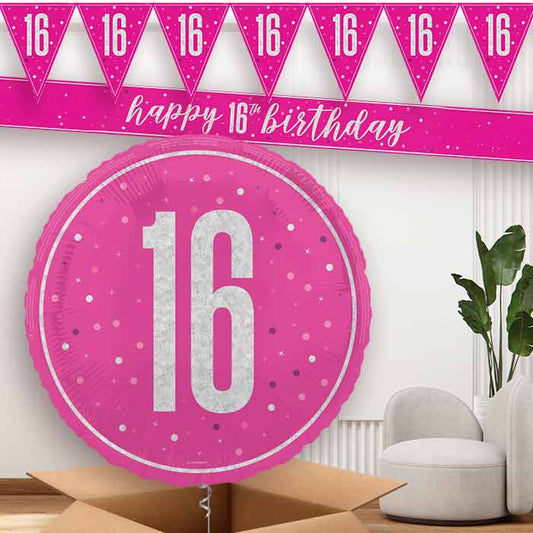 Hot Pink and Silver 16th Birthday Banners and Balloon | Party Save Smile